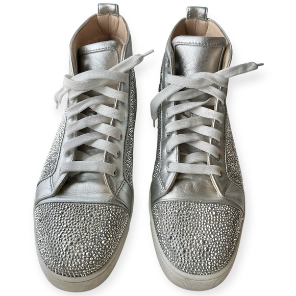 Mens Christian Louboutin Louis High Top Sneakers Silver Metallic Crystal Size 45 - Picture 2 of 12